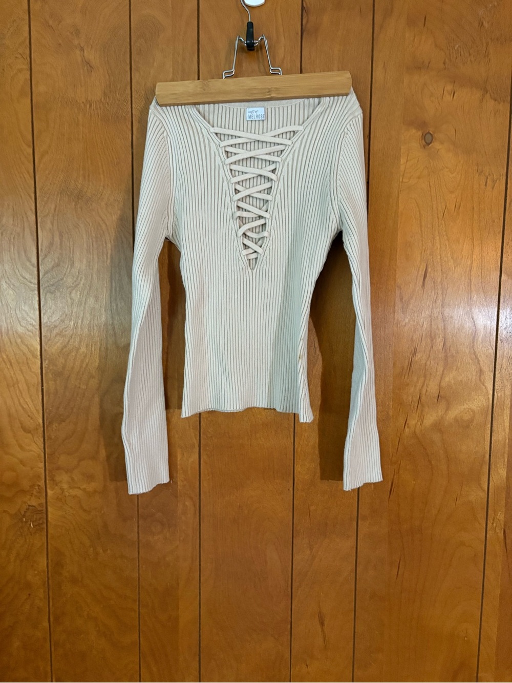 Ribbed Lace-Up Long Sleeve Top - Cream